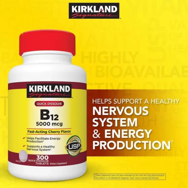 ویتامین ب 12 کرکلند 5000 میکروگرم 300 عدد Kirkland B12 (جذب سریع)